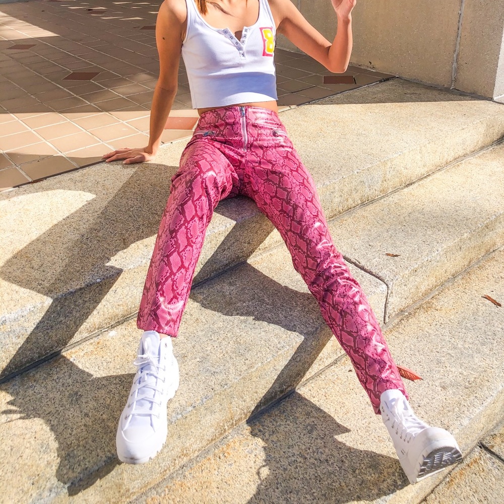 Pink leather snake print pants